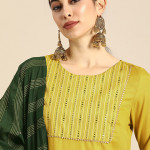 Women Mustard Yellow Yoke Design Foil Printed Kurta with Trousers & Dupatta