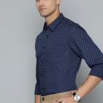 Men Navy Blue Cotton Slim Fit Printed Casual Shirt